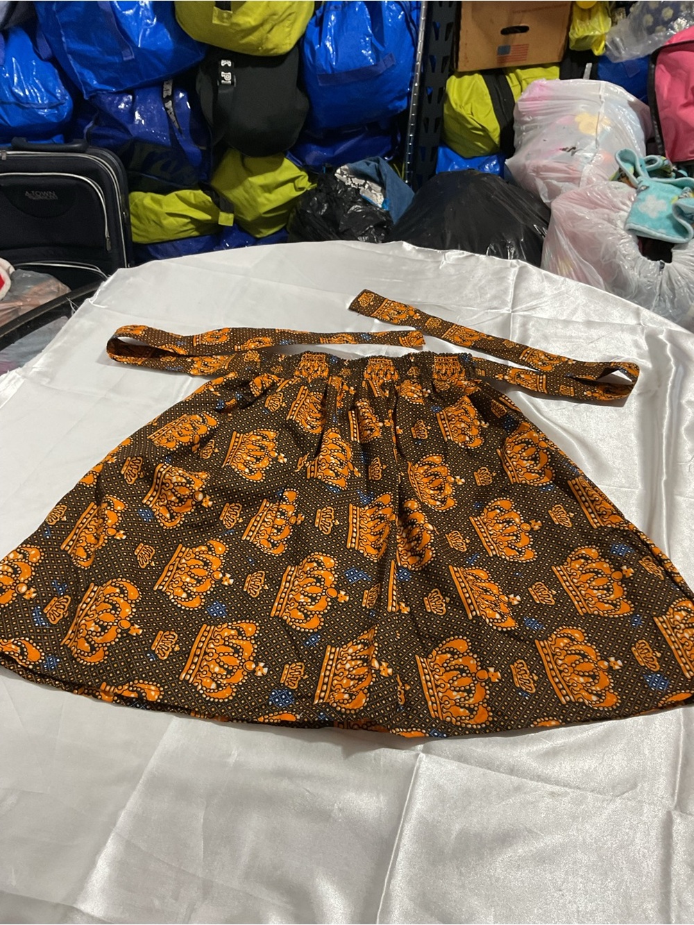 Girls Orange Crown Print Skirt with Waist Tie
